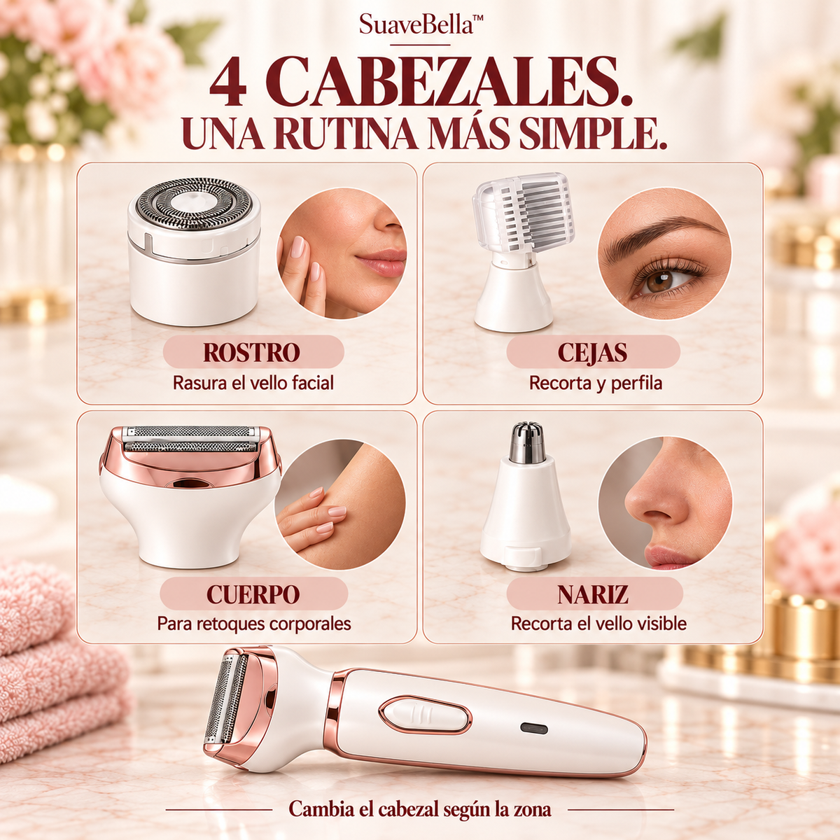 SuaveBella™ | Depiladora Recargable 4 en 1 para Rostro y Cuerpo