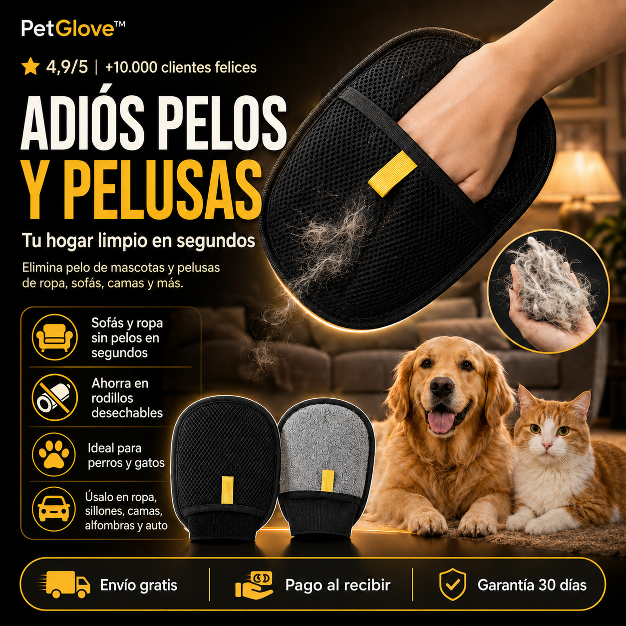 Quita los pelos de tu mascota en segundos, sin rodillos desechables ni aspiradora con PetGlove™🐾