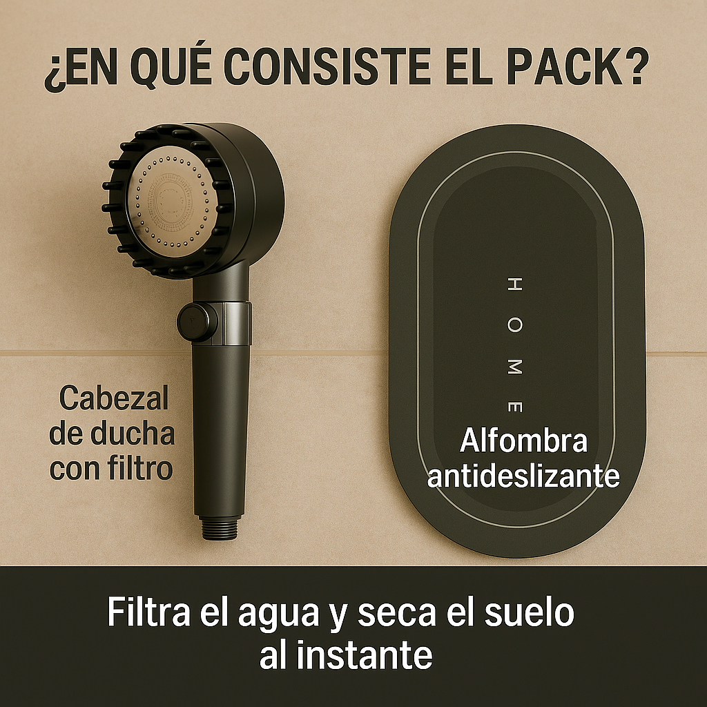 Pack de Baño Premium: Cabezal Anticaída + Alfombra de Secado Instantáneo