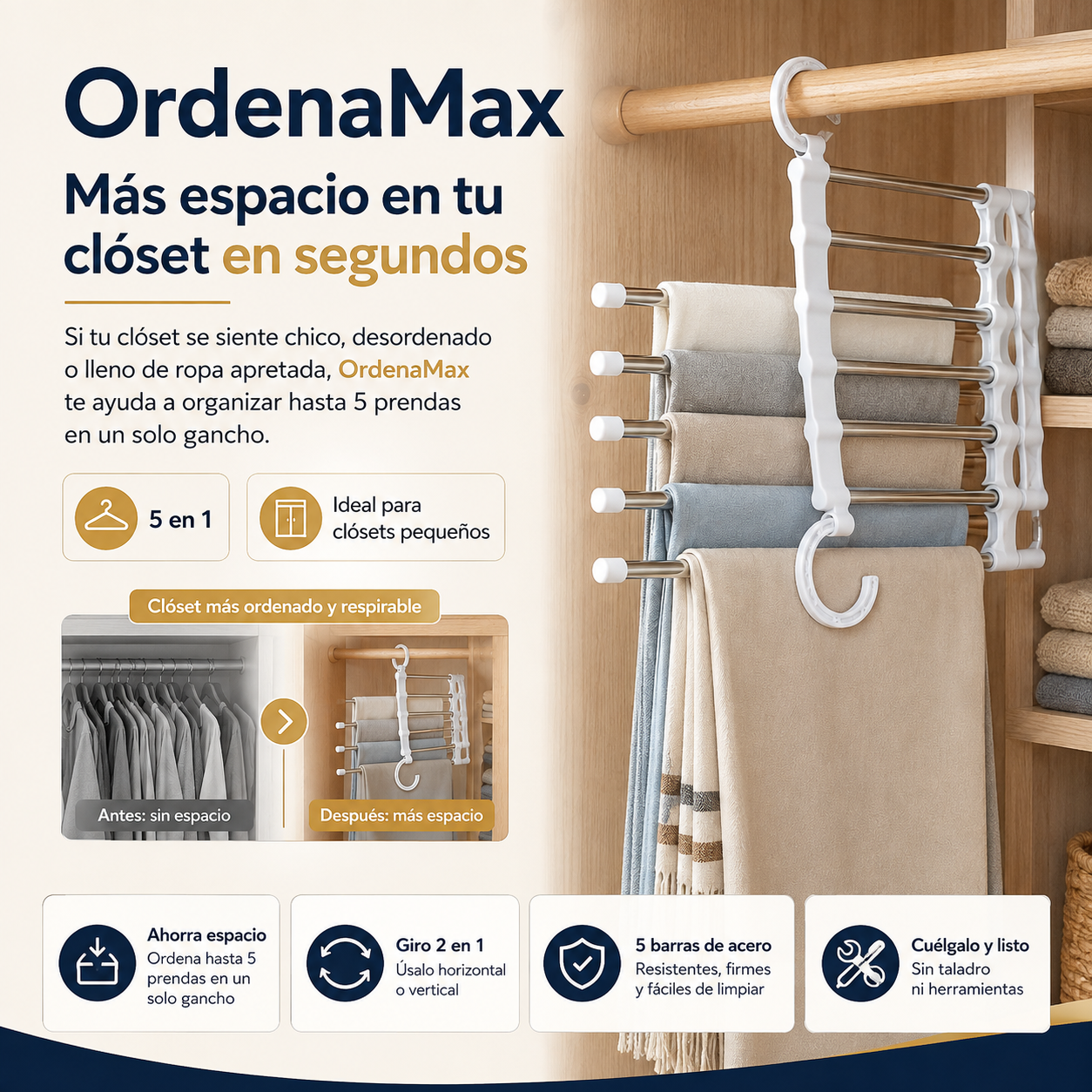 ¿Tu closet está desordenado y sin espacio? Con OrdenaMax™ Organizador Multi-Percha 5 en 1, ¡puedes colgar más en menos espacio!