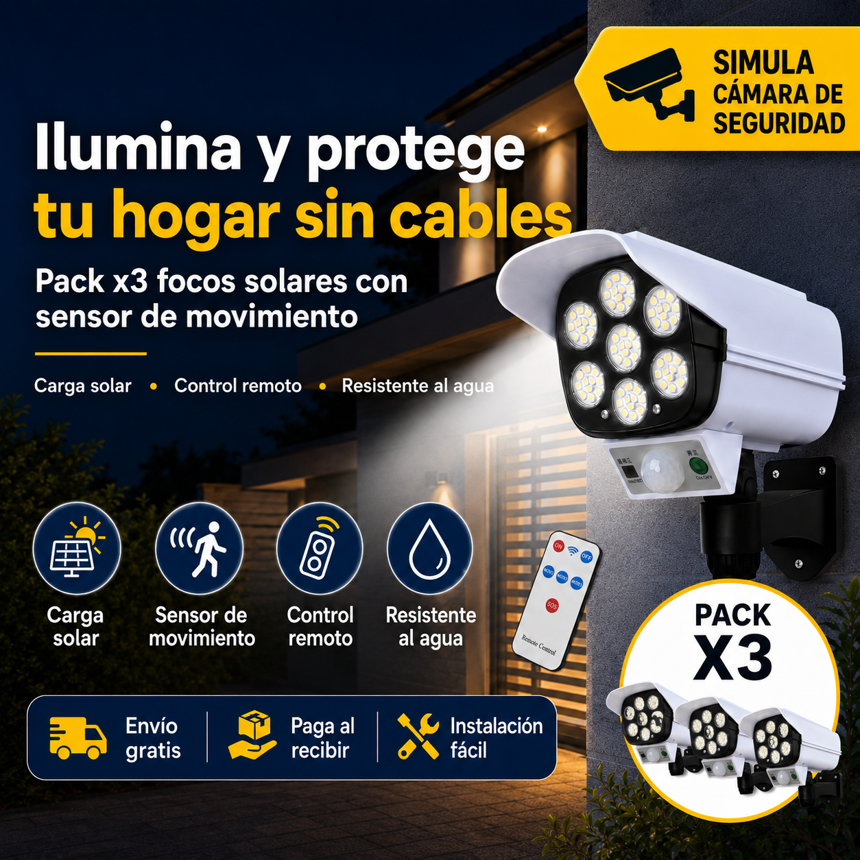 SolarCam Protect™: PACK X3 Foco Solar tipo Cámara con Sensor