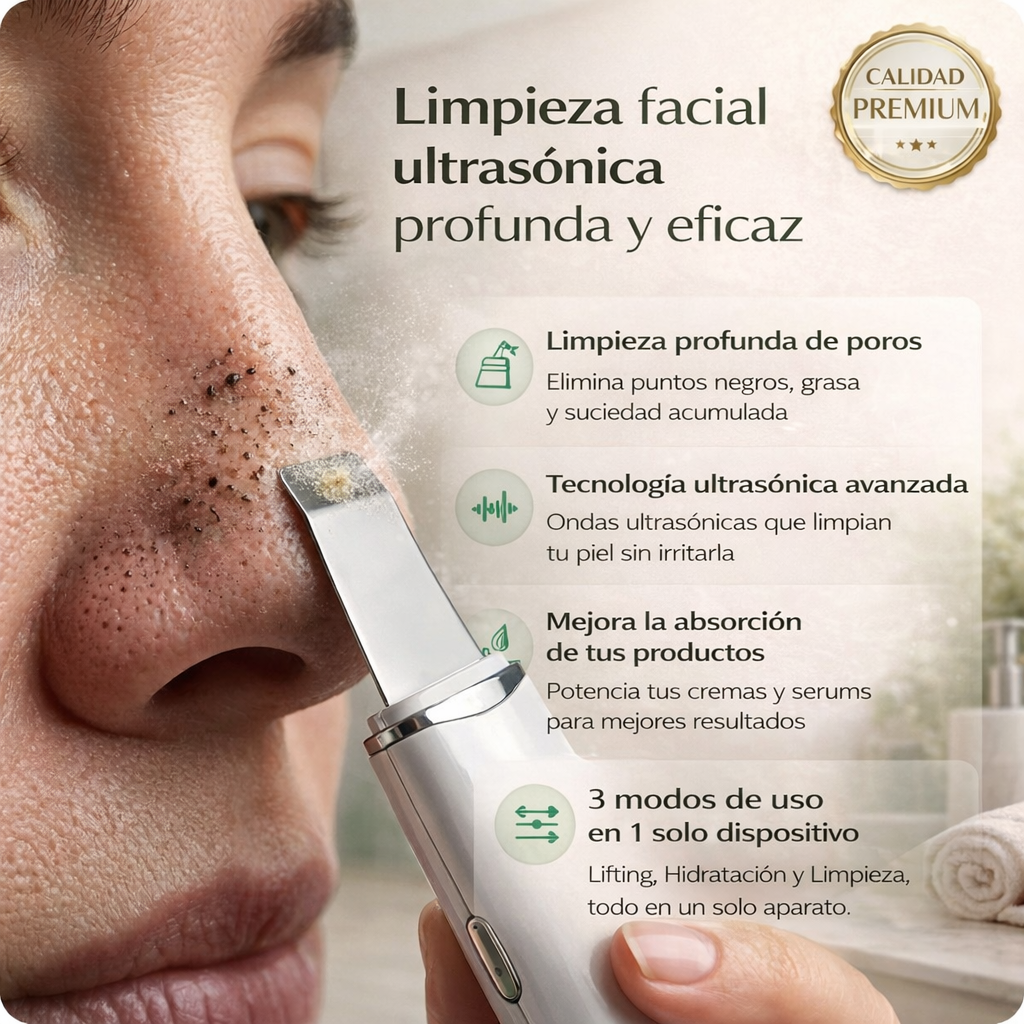 Limpia tus poros profundamente y mejora tu piel desde el primer uso con esta espátula facial ultrasónica.