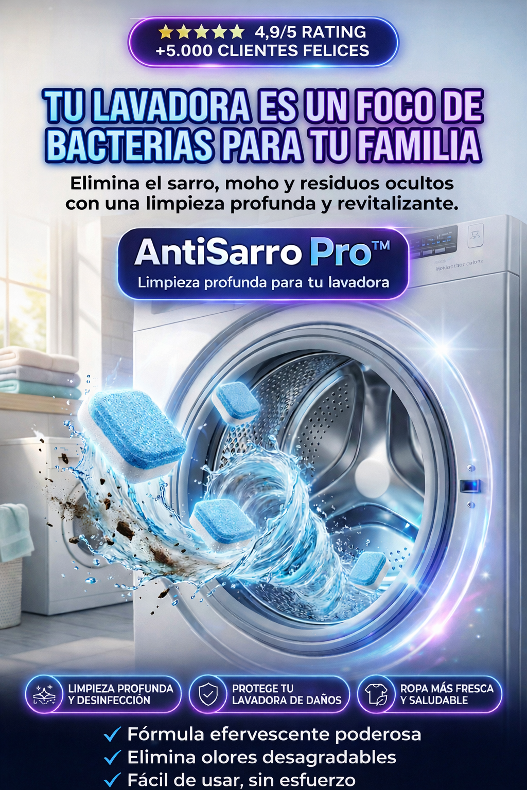 AntiSarro Pro™:¿Tu ropa huele mal… incluso recién lavada?  Puede que el problema NO sea tu detergente. Es tu lavadora.