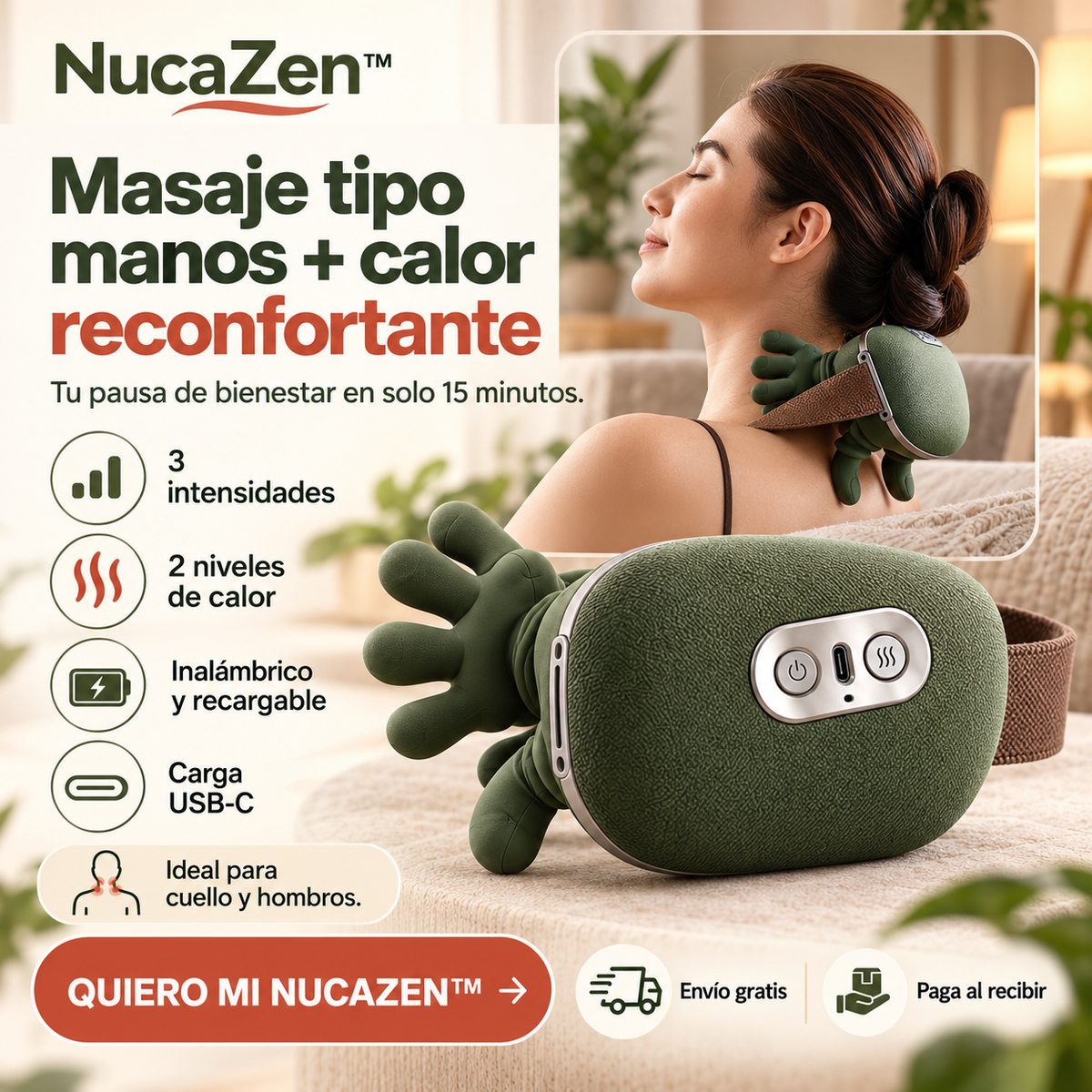 NucaZen™ | Masajeador Espalda Manos con Calor y 3 Intensidades