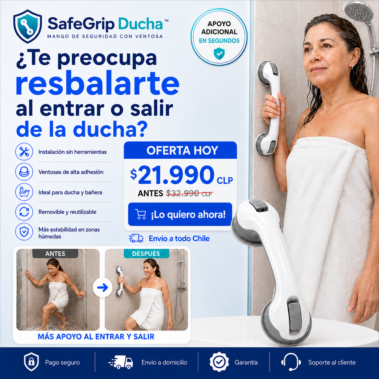 ¿Te preocupa resbalarte al entrar o salir de la ducha? SafeGrip Ducha™ - Mango de Seguridad con Ventosa