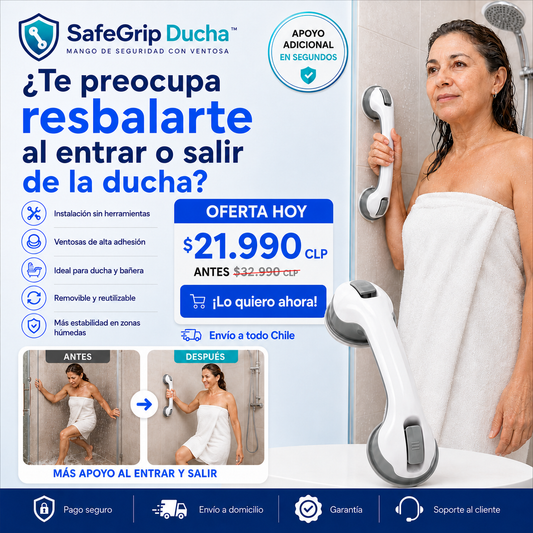 ¿Te preocupa resbalarte al entrar o salir de la ducha? SafeGrip Ducha™ - Mango de Seguridad con Ventosa