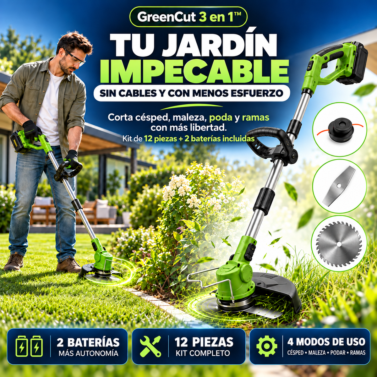 GreenCut 3 en 1™|Cortadora Inalámbrica con 2 Baterías 48v + Accesorios