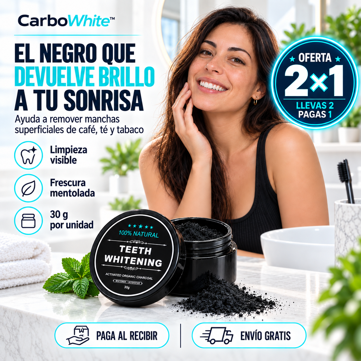 CarboWhite™ | Recupera Tu Sonrisa, Polvo Dental de Carbón Activado