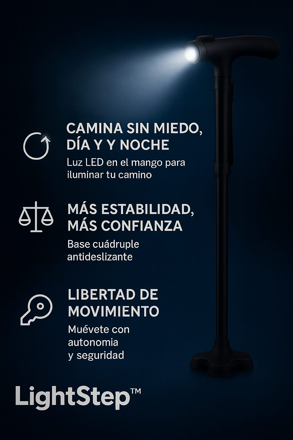 Light Step ™ - Baston Todo Terreno con Linterna, Seguridad Total