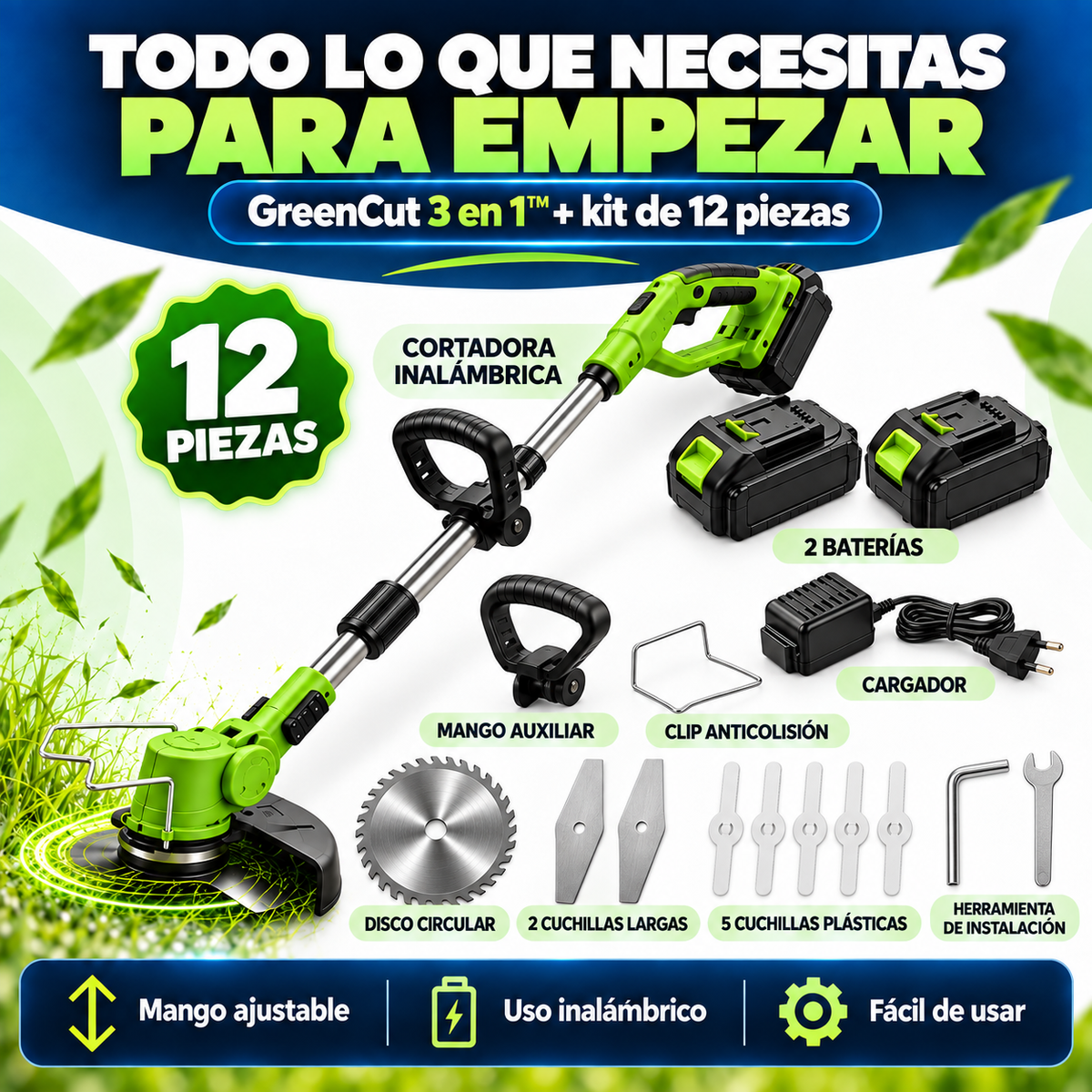 GreenCut 3 en 1™|Cortadora Inalámbrica con 2 Baterías 48v + Accesorios