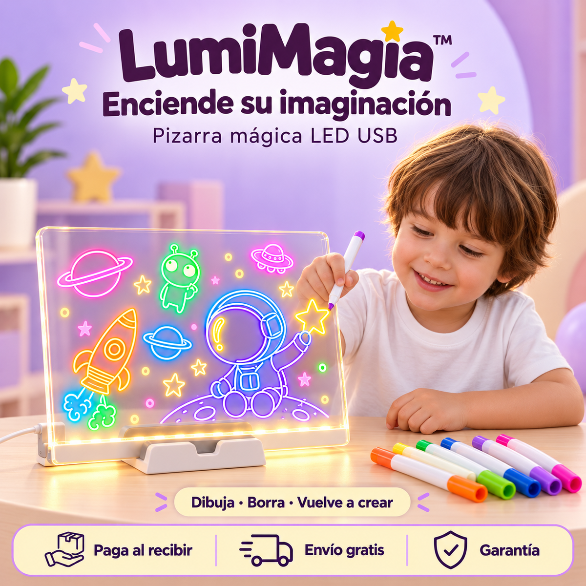 LumiMagia™ | Pizarra LED de dibujo + 7 Plumones Neón