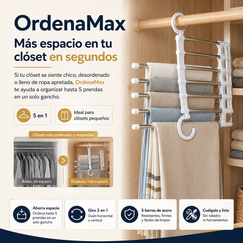 ¿Tu closet está desordenado y sin espacio? Con OrdenaMax™ Organizador Multi-Percha 5 en 1, ¡puedes colgar más en menos espacio!