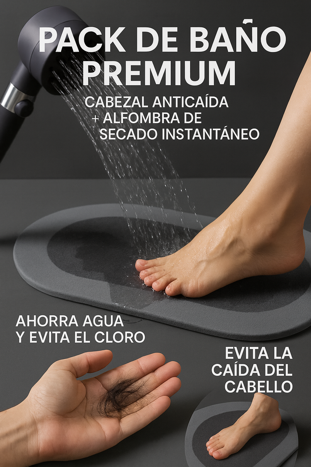 Pack de Baño Premium: Cabezal Anticaída + Alfombra de Secado Instantáneo