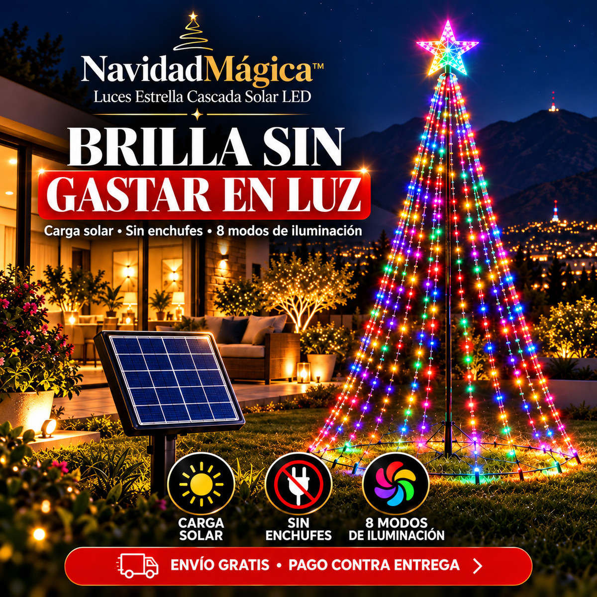 NavidadMágica™ | Árbol de Luces Solar Multicolor con Estrella LED